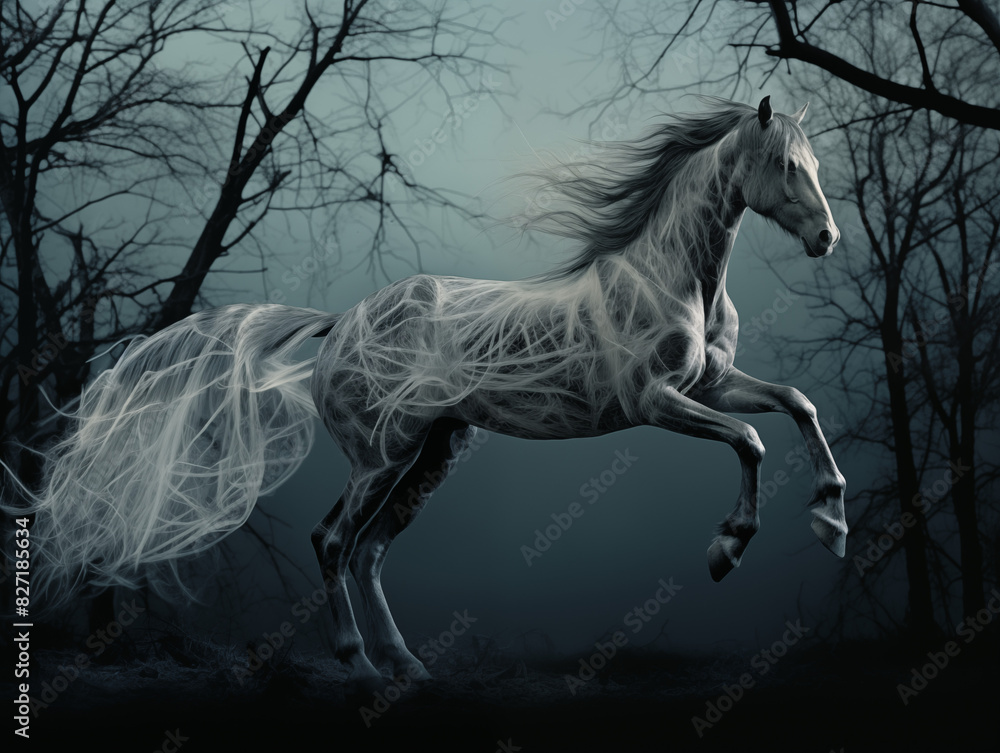 A Pegasus With A Semi-transparent Body Revealing Its Skeleton, Howling At The Moon In A Dense, Eerie Forest On A Clean Pastel Light And White Isolated Background A Pegasus With A Semi-transparent Body Revealing Its Skeleton, Howling At The Moon In A Dense, Eerie Forest On A Clean Pastel Light And White Isolated Background