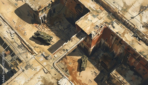 Aerial view of a military facility with armored vehicles and industrial structures, showcasing an urban landscape.