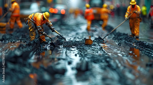 In the enchanting world of kinetic artistry, public works employees breathe life into their craft, meticulously repairing roads with hyper-detailed precision, each movement a symphony of dedication. photo