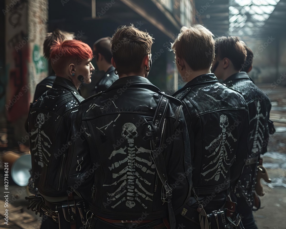 A group of punk friends, all dressed in leather jackets with skeleton motifs, hanging out in an abandoned warehouse, Close up A group of punk friends, all dressed in leather jackets with skeleton motifs, hanging out in an abandoned warehouse, Close up