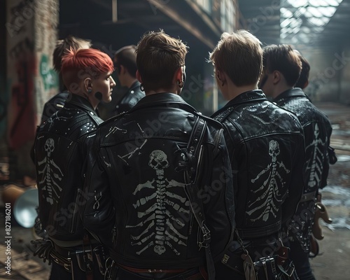 A group of punk friends, all dressed in leather jackets with skeleton motifs, hanging out in an abandoned warehouse, Close up