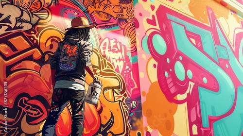 Artist creating vibrant graffiti street art on a colorful mural  capturing urban creativity and expression.