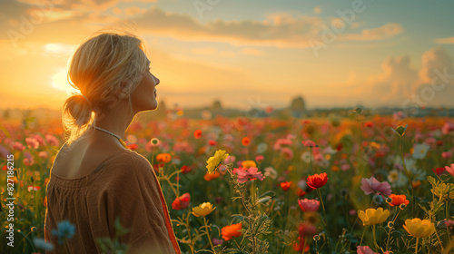 Mature woman standing in a golden wheat field, appreciating the natural beauty