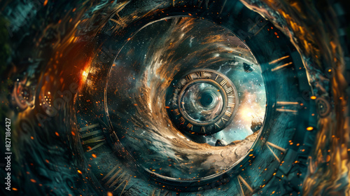 Fototapeta Naklejka Na Ścianę i Meble -  A clock is shown in the center of a spiral. The clock is surrounded by a blue and orange background. The spiral is filled with fire and smoke, giving the image a sense of chaos and destruction.