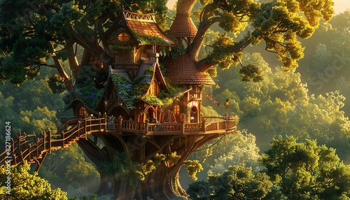 Charming treehouse nestled in a magical forest, bathed in golden sunlight. Ideal image for fantasy themes, nature escapes, and whimsical retreats.