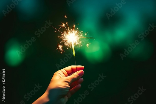 close-up hand holding of a sparkler on green background