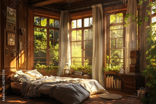 Illustrate a cozy bedroom with multiple windows, allowing gentle sunlight to filter in and create a serene atmosphere © Pornarun