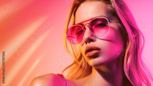Portrait of a blonde woman with pink sunglasses against a pink and orange gradient background, with high detail and bright colors in the style of a fashion magazine cover, featuring hyper realistic