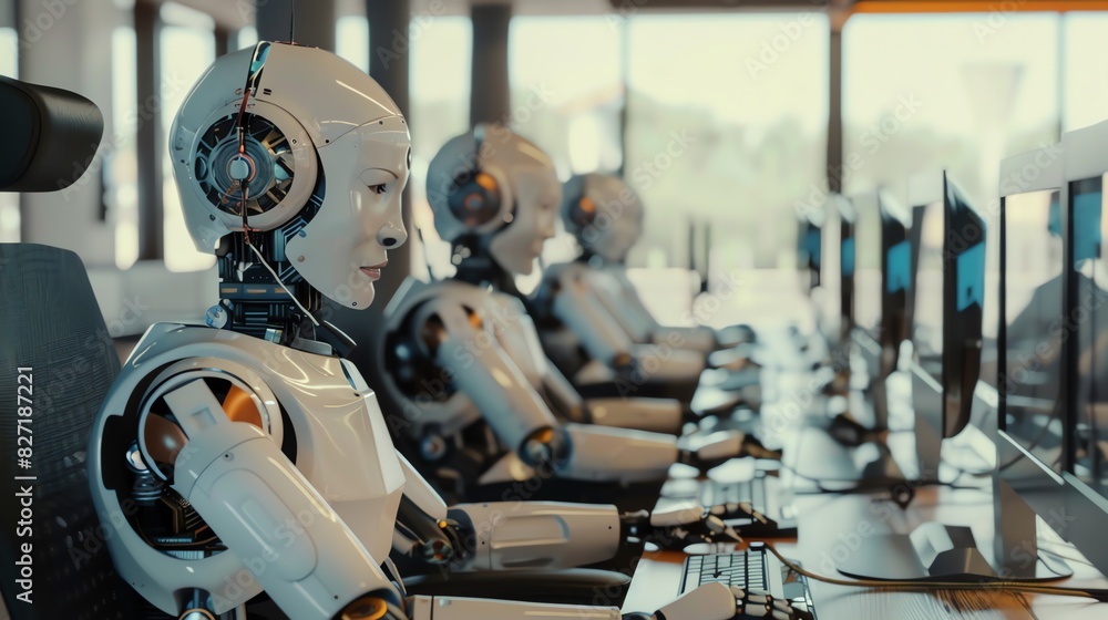 Robots working at desks in office setting Robots working at desks in office setting
