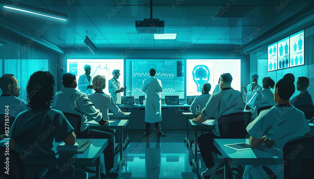 Doctors in a modern conference room discuss and analyze medical scans on multiple screens, illustrating teamwork and advanced technology. Doctors in a modern conference room discuss and analyze medical scans on multiple screens, illustrating teamwork and advanced technology.