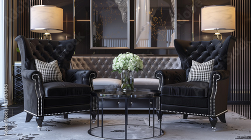 traditional black wingback chairs featuring silver railhead trim, adding a touch of elegance photo