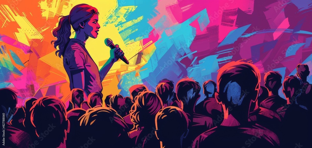 Illustrate a dynamic and inspirational keynote speaker addressing a diverse crowd, using vibrant colors and bold typography for a motivational poster, in a digital art style Illustrate a dynamic and inspirational keynote speaker addressing a diverse crowd, using vibrant colors and bold typography for a motivational poster, in a digital art style