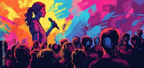 Illustrate a dynamic and inspirational keynote speaker addressing a diverse crowd, using vibrant colors and bold typography for a motivational poster, in a digital art style