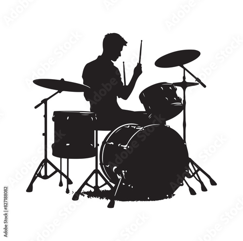 A drummer musician drumming drums in detailed silhouette