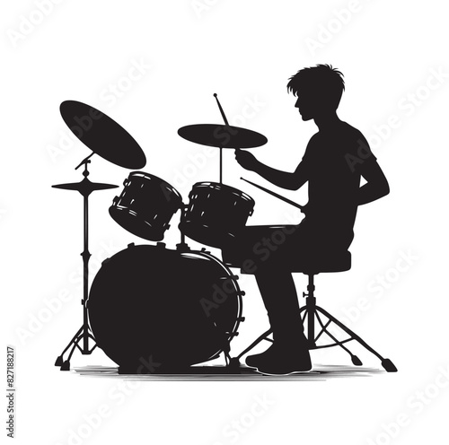 A drummer musician drumming drums in detailed silhouette