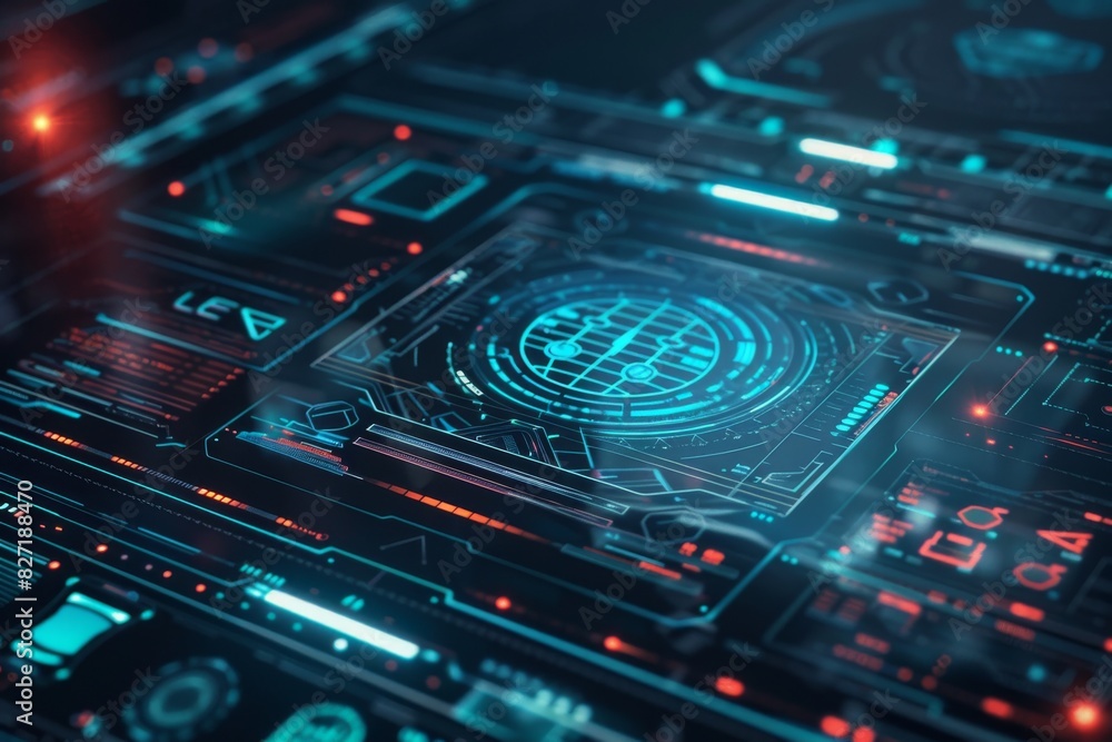 Illustrate a futuristic biometric security system interface, featuring intricate holographic patterns and sleek touch elements in CG 3D Illustrate a futuristic biometric security system interface, featuring intricate holographic patterns and sleek touch elements in CG 3D