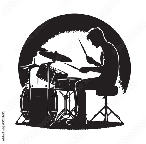 A drummer musician drumming drums in detailed silhouette