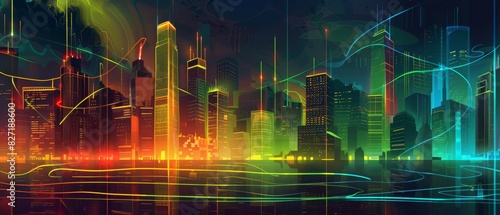 Illustrate a futuristic city skyline powered by Smart Grid Technology