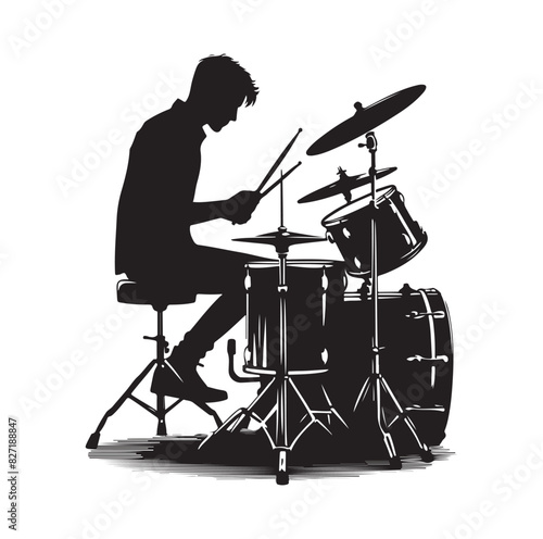 A drummer musician drumming drums in detailed silhouette