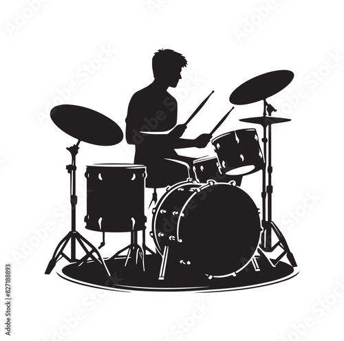 A drummer musician drumming drums in detailed silhouette