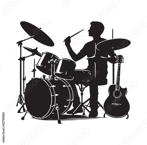 A drummer musician drumming drums in detailed silhouette