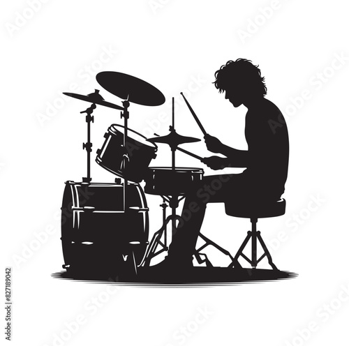 A drummer musician drumming drums in detailed silhouette
