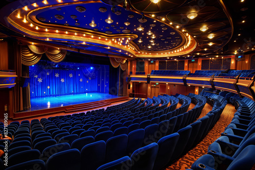 Elegantly appointed cruise ship theater with starry backdrop and plush blue seating awaits an evening of entertainment at sea