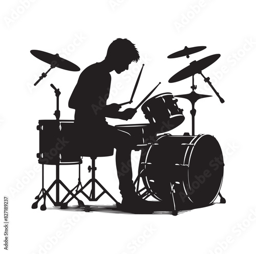 A drummer musician drumming drums in detailed silhouette