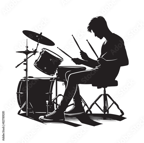 A drummer musician drumming drums in detailed silhouette