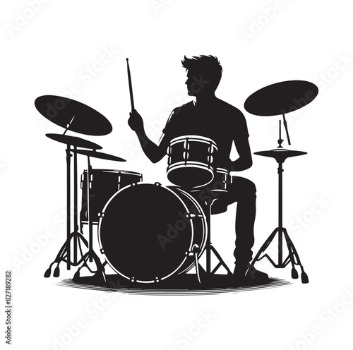A drummer musician drumming drums in detailed silhouette