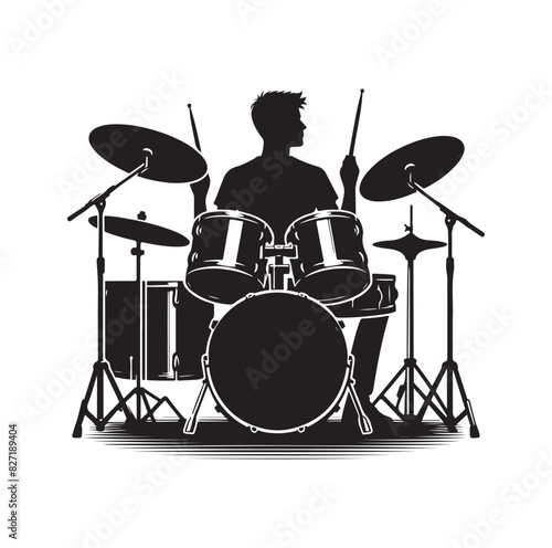 A drummer musician drumming drums in detailed silhouette