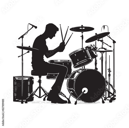 A drummer musician drumming drums in detailed silhouette