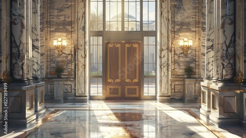 Illustrate a majestic, ornate door ajar in a modern, corporate setting using photorealistic digital techniques photo