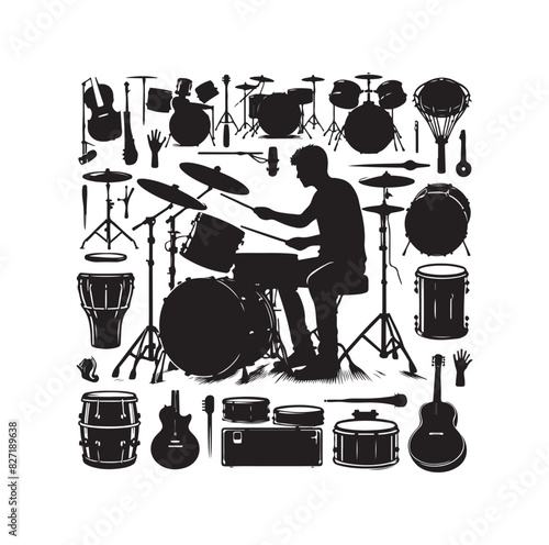 A drummer musician drumming drums in detailed silhouette