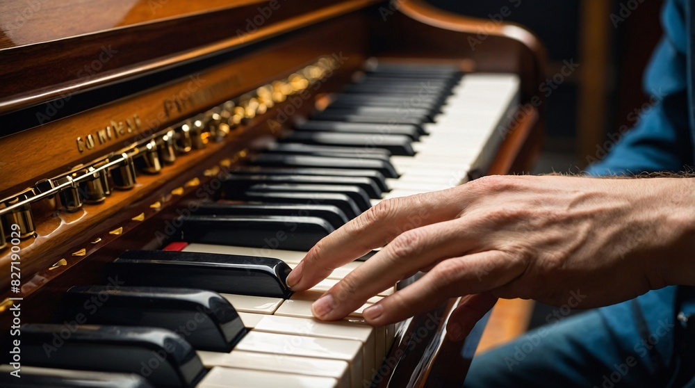 Obraz premium A close-up of a musician’s hands playing piano