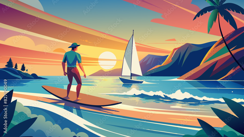 Surfer at tropical sunset with palm trees and sailboats. Peaceful surfing scene at sunset, tranquil tropical beach. Golden sunset surfing, serene beachscape with palms. Surfer at tropical sunset with palm trees and sailboats. Peaceful surfing scene at sunset, tranquil tropical beach. Golden sunset surfing, serene beachscape with palms.