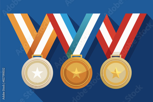 Set of three medals with striped ribbons illustration. Gold, silver, and bronze medals, competitive awards. Illustration of award medals for sporting achievements.