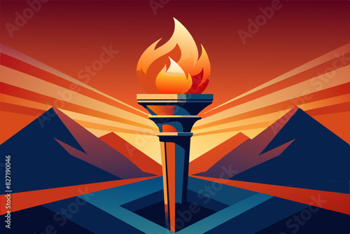 Torch flame on colorful abstract background. Burning torch illustration, colored, 2D illustration. Symbol of competitions, victory, peace. Abstract fiery torch, colorful design