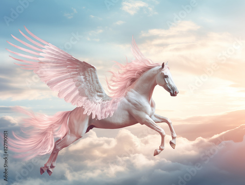 A Skeletal Pegasus With Translucent Wings, Soaring In A Cloudy Sky With Rays Of Light Piercing Through On A Clean Pastel Light © SOMCTK