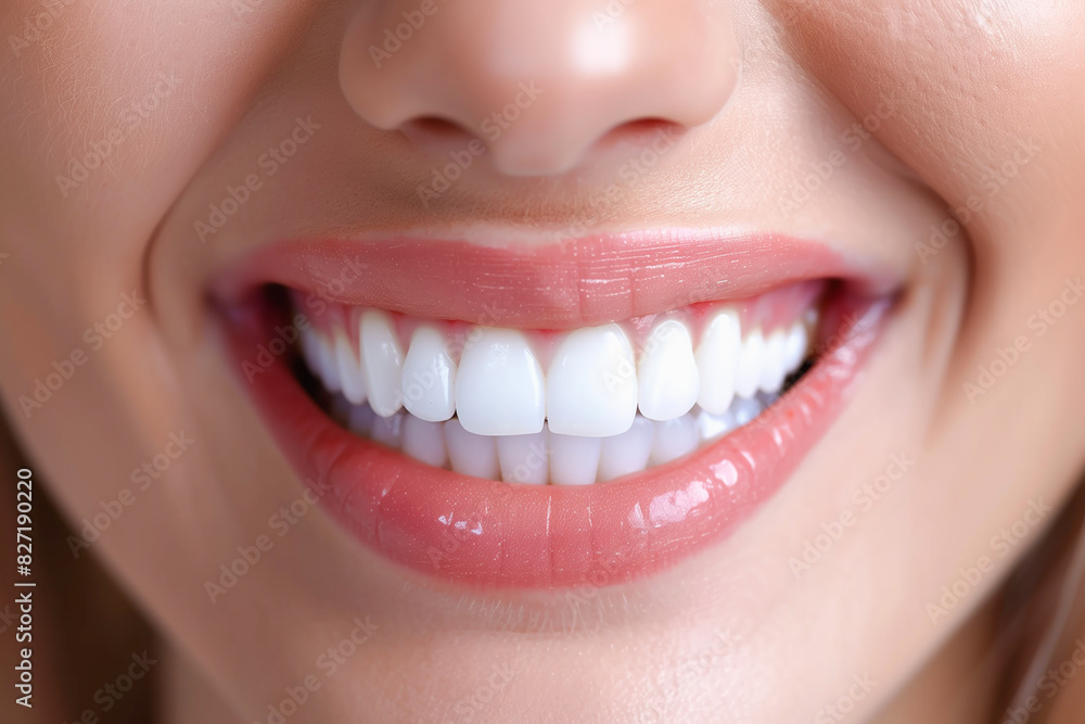 Close-up of a woman's mouth, with white, perfectly aligned teeth, smiling, depicting the concept of oral and dental care Close-up of a woman's mouth, with white, perfectly aligned teeth, smiling, depicting the concept of oral and dental care