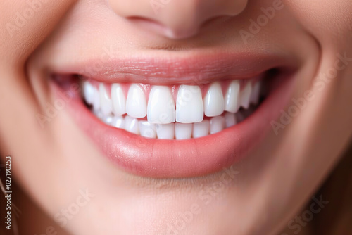 Close-up of a woman s mouth  with white  perfectly aligned teeth  smiling  depicting the concept of oral and dental care