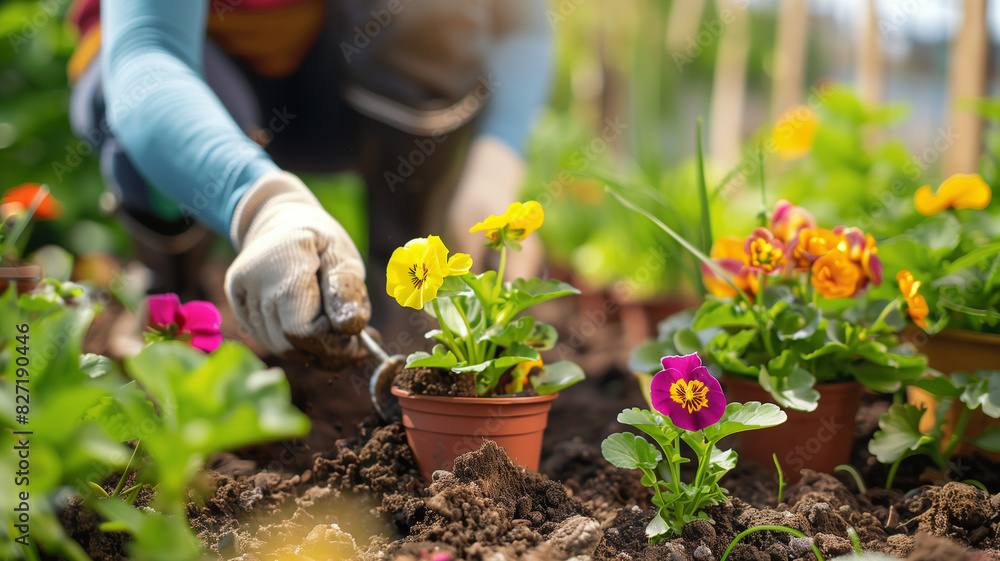 Fototapeta premium The gardener is planting flowers in the garden, selective focus in nature