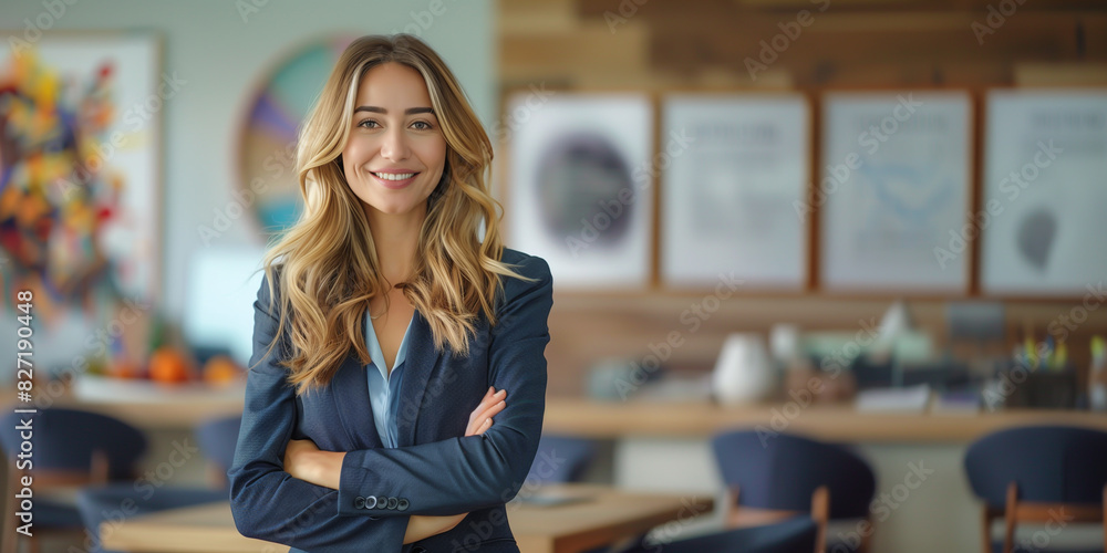 Portrait of a beautiful CEO businesswoman with a strong personality and leadership qualities, wearing a business suit, standing with arms crossed in the office and smiling happily Portrait of a beautiful CEO businesswoman with a strong personality and leadership qualities, wearing a business suit, standing with arms crossed in the office and smiling happily