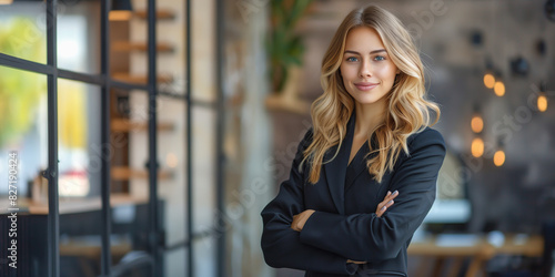 Portrait of a beautiful CEO businesswoman with a strong personality and leadership qualities, wearing a business suit, standing with arms crossed in the office and smiling happily