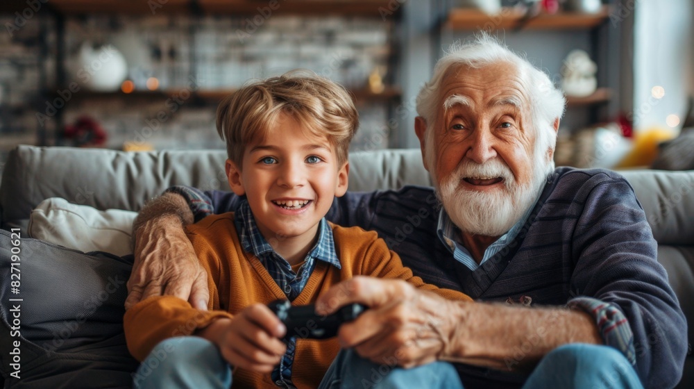 Caucasian grandson 10 years old and his grandfather 70 -79 years old play video games at home while at home holding game controllers in their hands