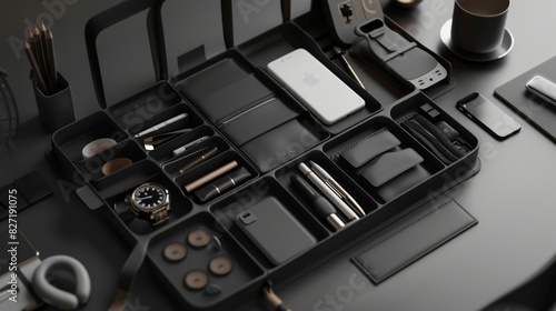 Illustrate a tech accessories organizer with a minimalist, futuristic vibe, featuring a mix of compartments and slots for various tech essentials photo
