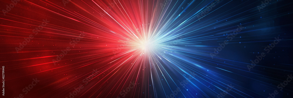 Fototapeta premium Radiant burst of red and blue light rays converging at a central point creating a vibrant and dynamic visual effect against a dark background 