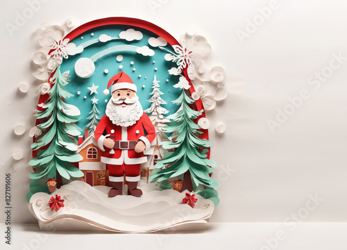 christmas card in paper art style with santa claus in the christmas atmosphere with pine trees and snow