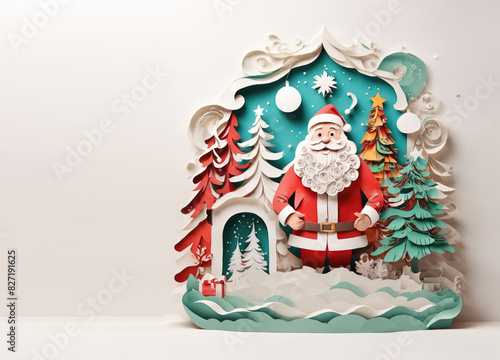 christmas card in paper art style with santa claus in the christmas atmosphere with pine trees and snow