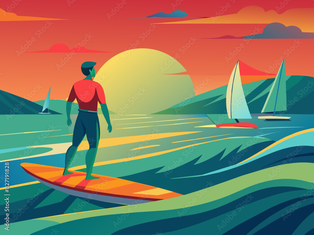 Surfer standing on board at sunset, calm ocean and sailboats. Dusk surfing scene, lone surfer with vibrant sunset backdrop. Evening surf session with serene ocean and distant boats. Surfer standing on board at sunset, calm ocean and sailboats. Dusk surfing scene, lone surfer with vibrant sunset backdrop. Evening surf session with serene ocean and distant boats.